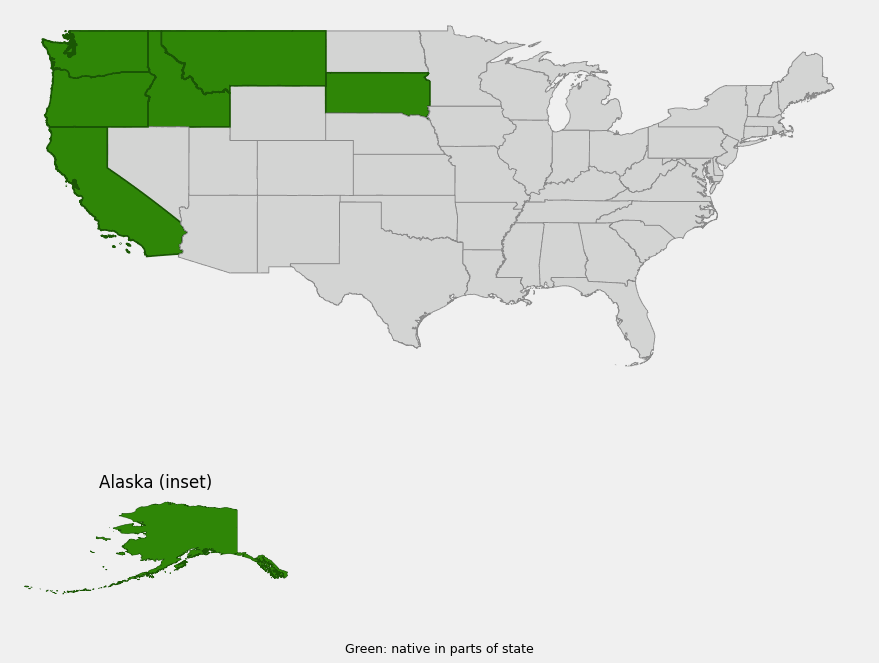 Native range map of Sword Fern (Polystichum munitum) showing distribution across Alaska, Washington, Oregon, California, Idaho, Montana, and South Dakota