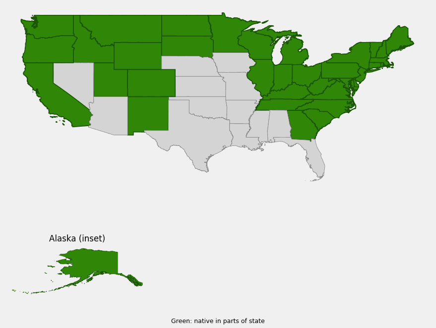 Native range map of Tall Blue Lettuce (Lactuca biennis) across Alaska, Canada, and the northern, Appalachian, and Rocky Mountain United States
