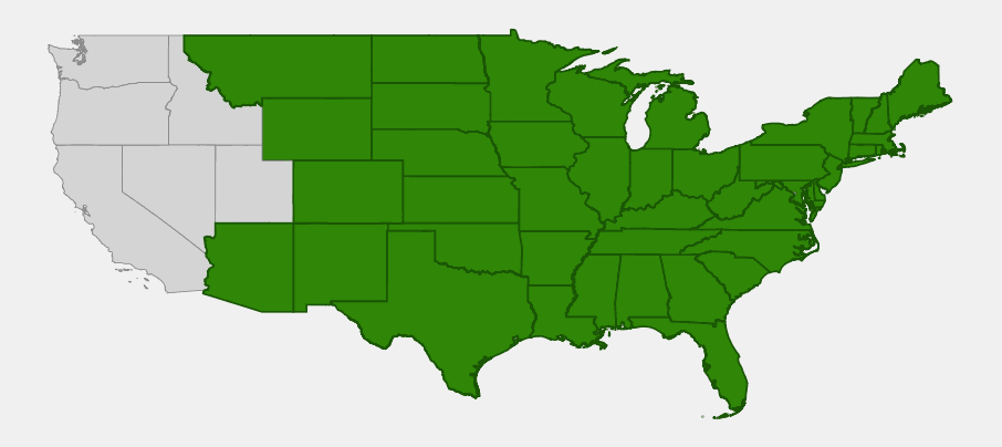 Native range map of tall goldenrod (Solidago altissima) showing distribution across most of the continental United States east of the Rockies
