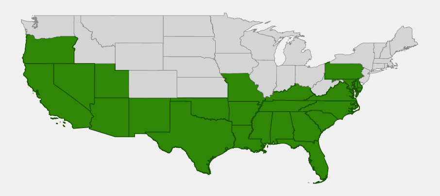 Native range map of Texas Frogfruit (Phyla nodiflora) across the southern, southwestern and Pacific Northwest United States