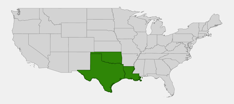Native range map of Texas paintbrush showing distribution across Texas, Louisiana, and Oklahoma