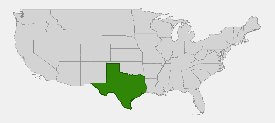 Native range map of Texas Palmetto (Sabal mexicana) showing Texas highlighted; wild populations are confined to the four southernmost counties along the lower Rio Grande