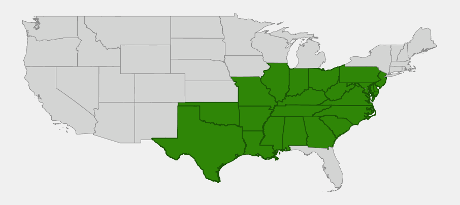 Native range map of Texas Sedge (Carex texensis) highlighting the south-central, lower Midwest, Southeast and Mid-Atlantic United States