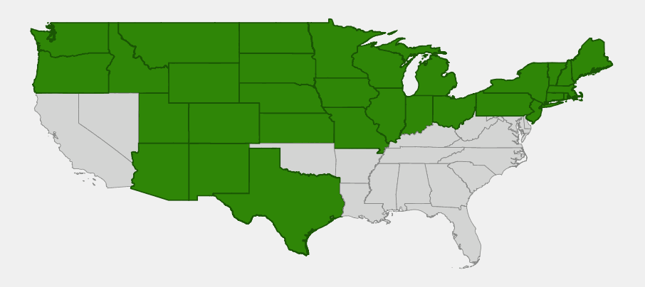 Native range map of Thicket Creeper (Parthenocissus vitacea) across the northern and central United States
