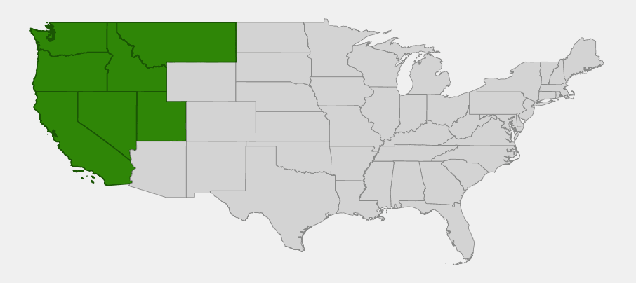 Native range map of thingrass (Agrostis pallens) showing distribution across California, Oregon, Washington, Idaho, Montana, Nevada and Utah