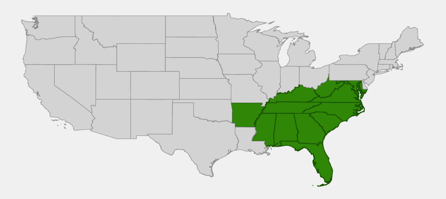 Native range map of Threadleaf coreopsis (Coreopsis verticillata) showing distribution across the southeastern United States
