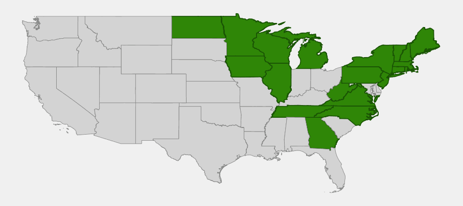 Native range map of three-toothed cinquefoil (Sibbaldiopsis tridentata) across the northeastern and upper midwestern United States with disjunct Appalachian populations