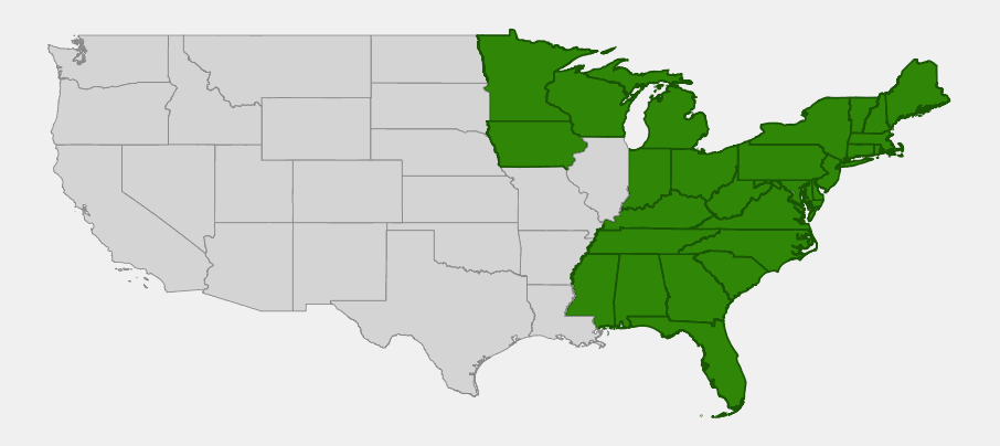 Native range map of trailing arbutus (Epigaea repens) across the eastern United States