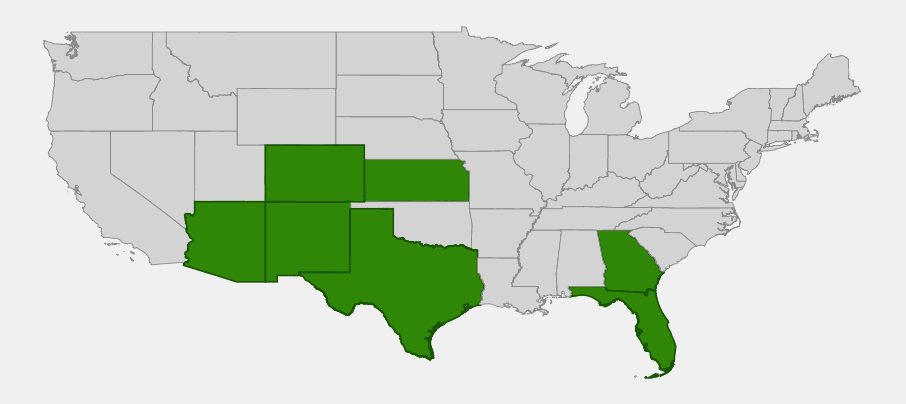 Native range map of trailing ratany (Krameria lanceolata) highlighting Arizona, Colorado, Kansas, New Mexico, Texas, Florida, and Georgia
