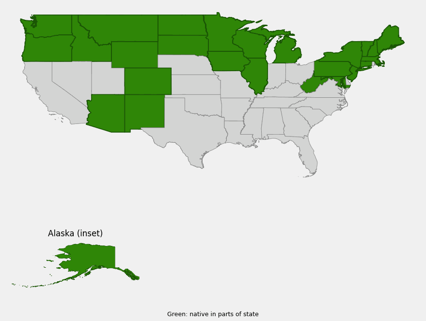 Native range map of Twinflower (Linnaea borealis) highlighting Alaska and northern and mountain states of the Lower 48