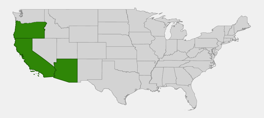 Native range map of two-tooth sedge (Carex serratodens) showing distribution across California, western Oregon, and southeastern Arizona