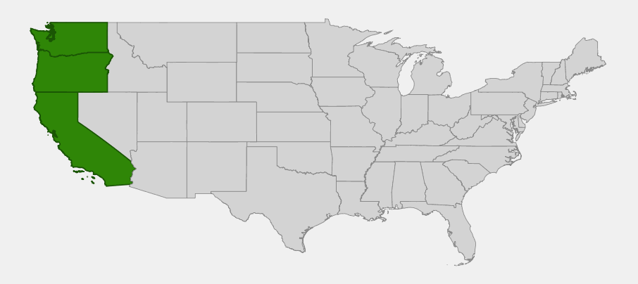 Native range map of Vanilla Leaf (Achlys triphylla) across California, Oregon, and Washington