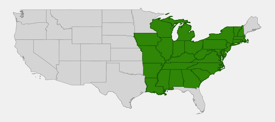 Native range map of Virginia Spiderwort (Tradescantia virginiana) showing distribution across the eastern and central United States