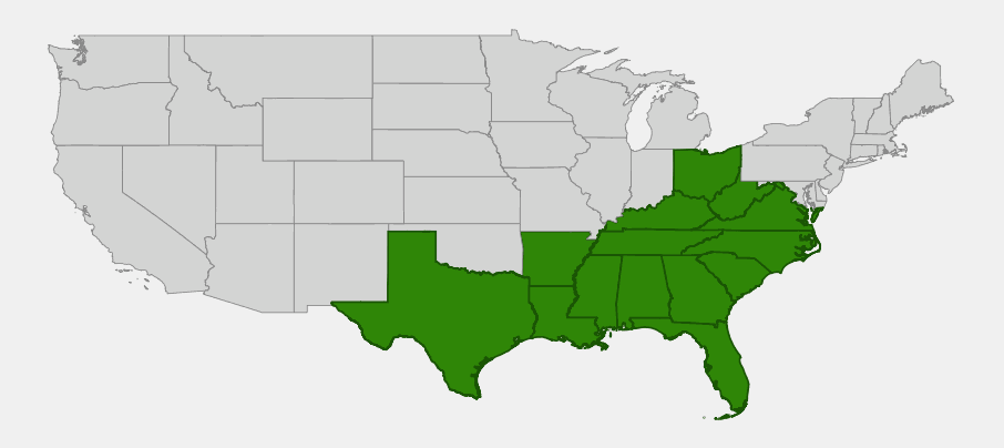Native range map of Walter's violet (Viola walteri) showing distribution across the southeastern United States and lower Appalachians