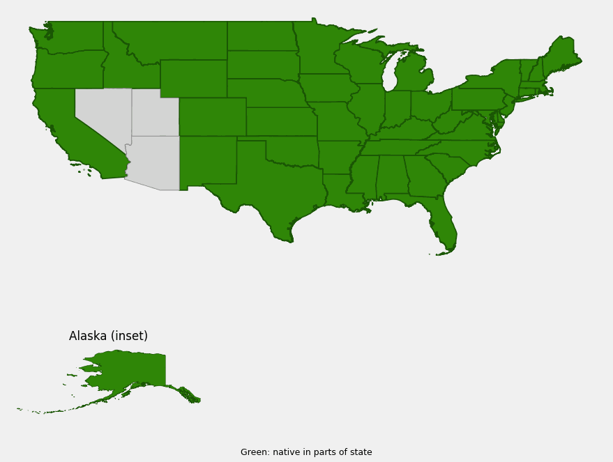 Native range map of Water Hemlock (Cicuta maculata) covering nearly all of the United States and Canada except Nevada, Utah and Arizona