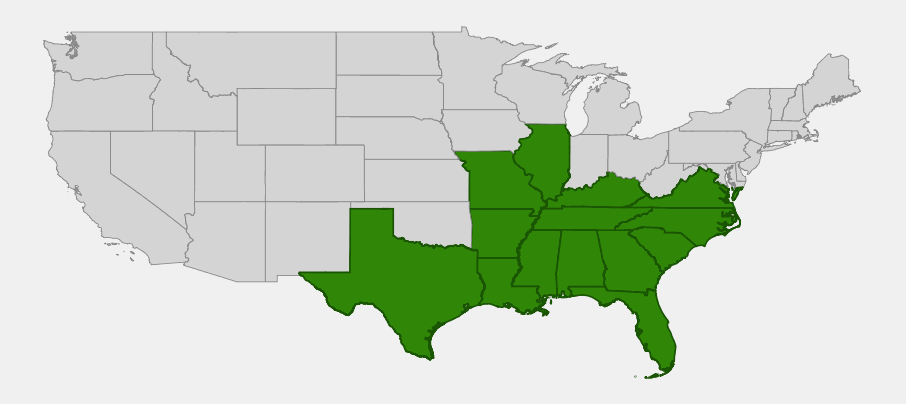 Native range map of water tupelo (Nyssa aquatica) showing distribution across the southeastern coastal plain and lower Mississippi River valley