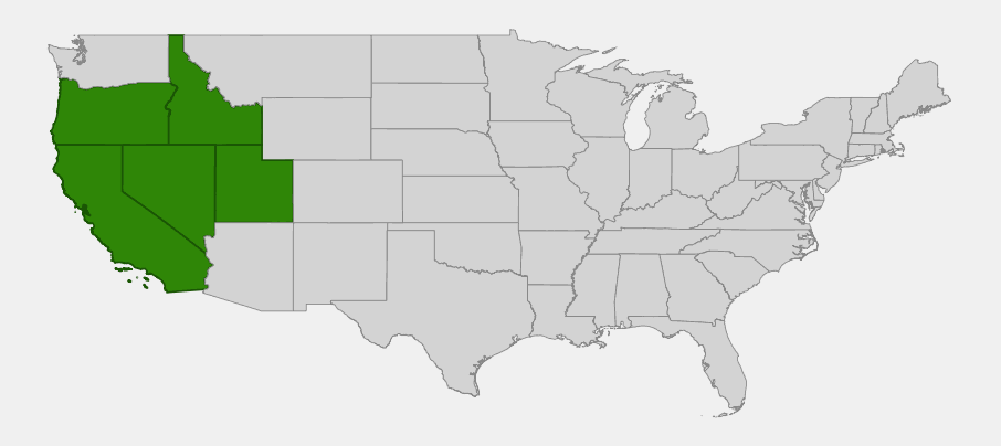 Native range map of wavy-leaved paintbrush (Castilleja applegatei) showing distribution across California, Oregon, Nevada, Idaho, and Utah
