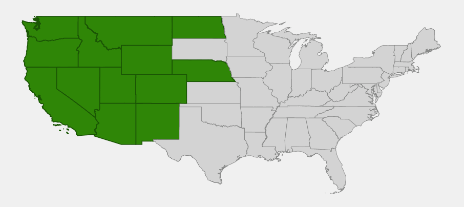Native range map of Western Blue Flag (Iris missouriensis) showing distribution across the interior western United States