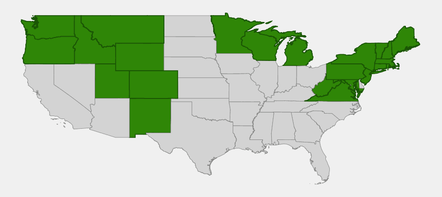 Native range map of Clematis occidentalis showing a disjunct distribution across the northern Rocky Mountains/Pacific Northwest and the Upper Midwest/Northeast