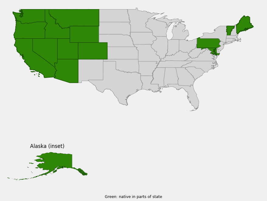 Native range map of Western Maidenhair Fern (Adiantum aleuticum) showing distribution across the western United States, Alaska, and scattered Northeastern states