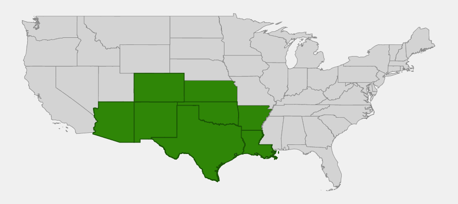 Native range map of Western Soapberry (Sapindus saponaria var. drummondii) showing distribution across Arizona, New Mexico, Colorado, Kansas, Oklahoma, Texas, Arkansas, and Louisiana