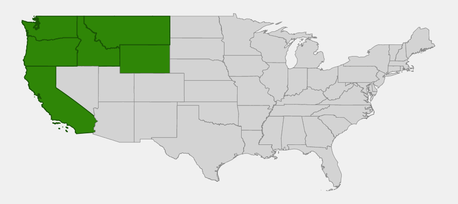Native range map of Western Trillium (Trillium ovatum) showing distribution across California, Oregon, Washington, Idaho, Montana, and Wyoming