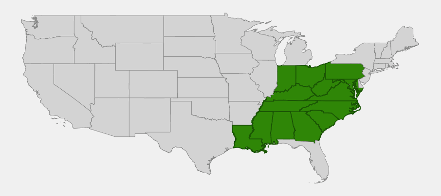 Native range map of Whorled Tickseed (Coreopsis major) showing distribution across the southeastern United States