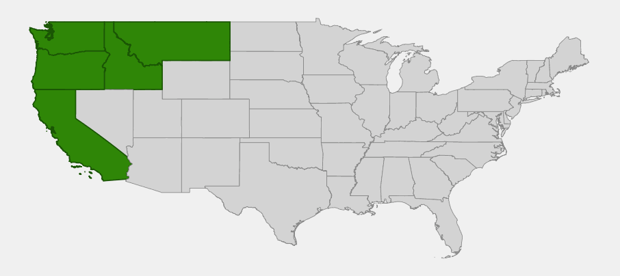 Native range map of Western Wild Ginger (Asarum caudatum) showing distribution across Washington, Oregon, California, Idaho, and Montana