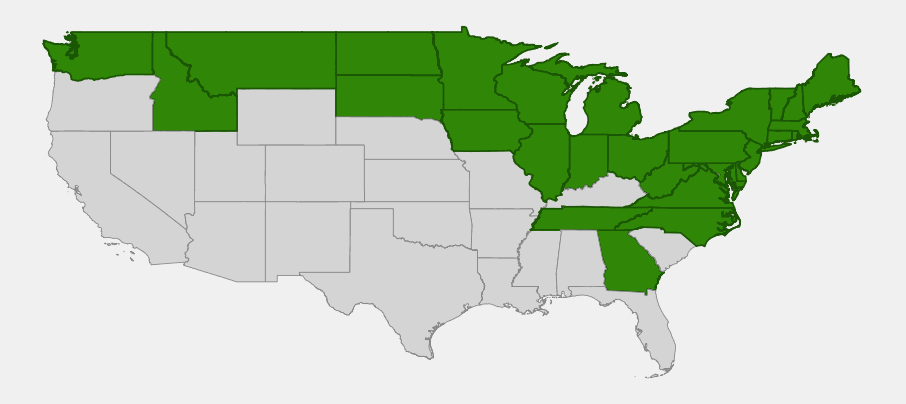 Native range map of wild sarsaparilla showing distribution across the northeastern, upper midwestern, and northern Rocky Mountain United States, plus the southern Appalachians