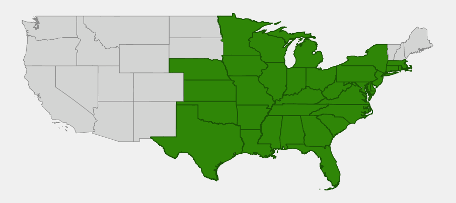 Native range map of wild yam (Dioscorea villosa) across the eastern United States from the Great Plains to the Atlantic coast
