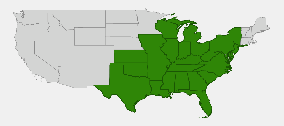 Native range map of Winged Monkeyflower (Mimulus alatus) showing distribution across the eastern and central United States
