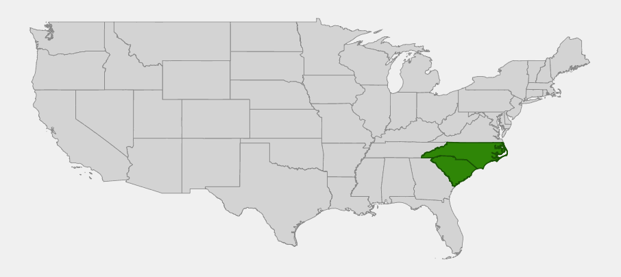 Native range map of wiregrass (Aristida stricta) showing distribution in North Carolina and South Carolina