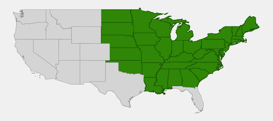 Native range map of wood nettle (Laportea canadensis) across the eastern and central United States