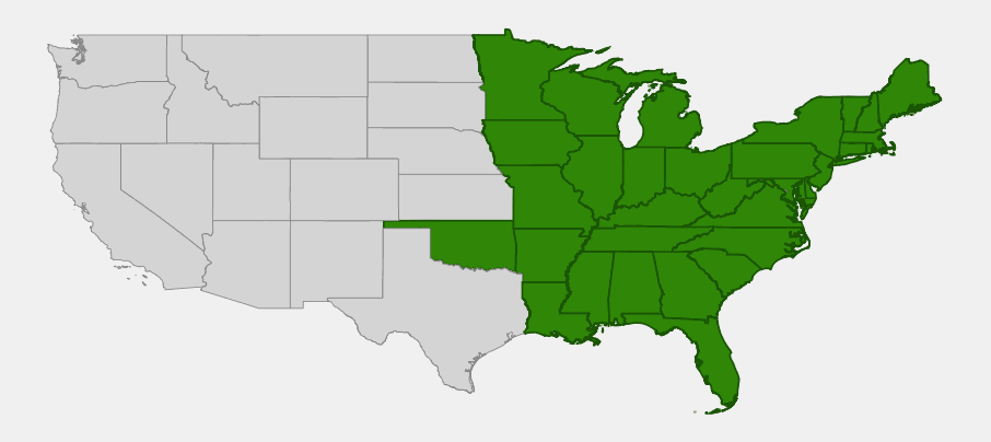 Native range map of Woodland Sunflower (Helianthus divaricatus) highlighting eastern and midwestern United States