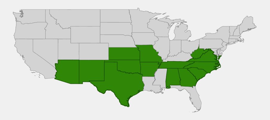 Native range map of woolly lip fern (Cheilanthes tomentosa) highlighting a southwestern and a southeastern cluster of states
