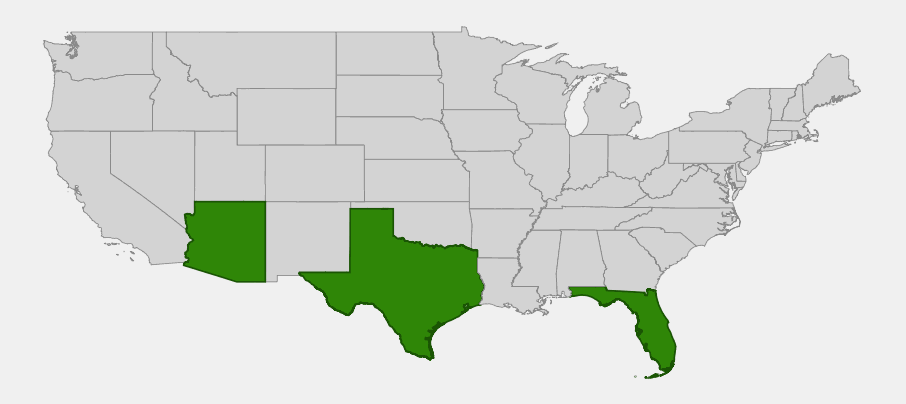 Native range map of Yellow Bells (Tecoma stans) showing Arizona, Texas, and Florida