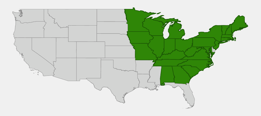 Native range map of Zigzag Goldenrod (Solidago flexicaulis) showing distribution across the eastern and upper midwestern United States