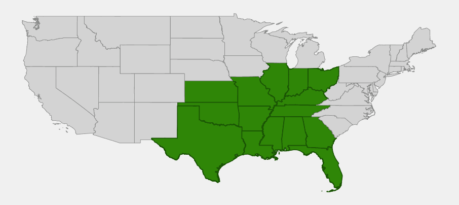 Native range map of zigzag iris (Iris brevicaulis) showing distribution from the Midwest and Ohio Valley south through the Gulf Coast states